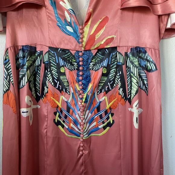 Pink Satin Button Up Maxi Ruffle Sleeve Tiered Dress M Tropical Animal Print Art - Picture 12 of 16